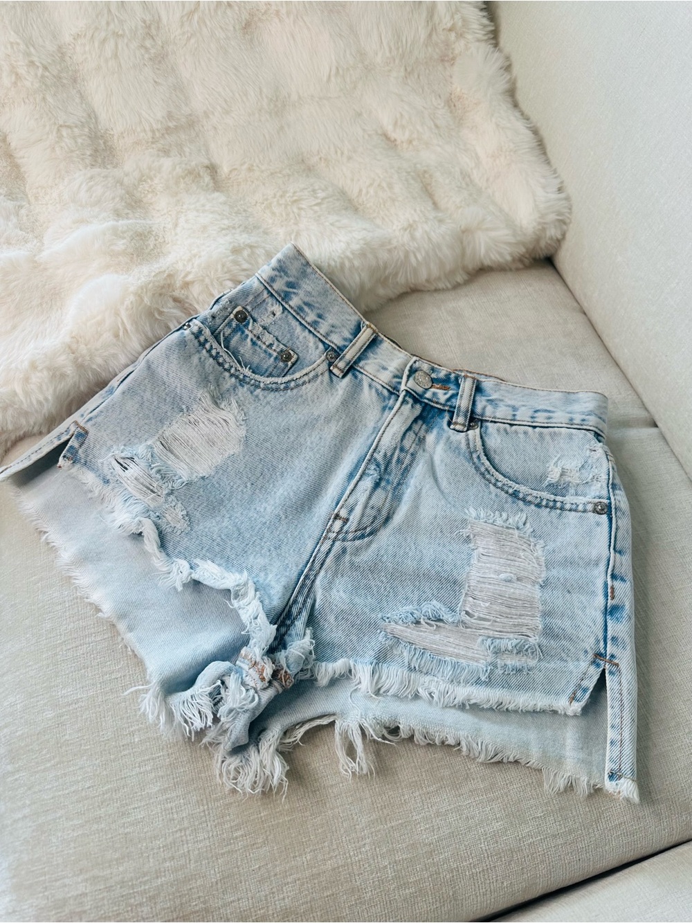 Light Blue Distressed Denim Shorts - Women's Casual Cutoff
